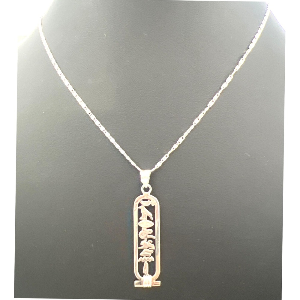 Vtg Egyptian Cartouche Pendant 18" Necklace Hieroglyph Silver Tone